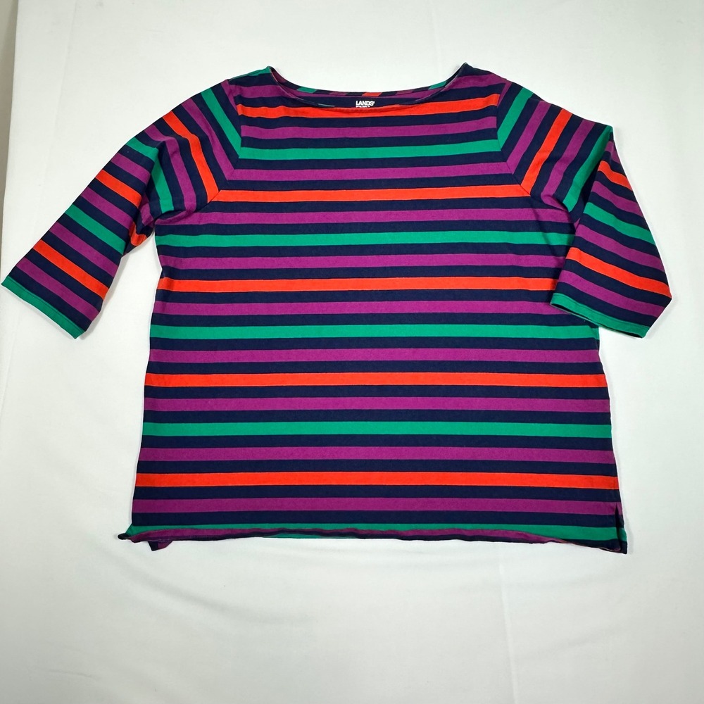 Lands End Womens 2X Striped 3/4 Sleeve Boat Neck Cotton Knit Top Multicolor‎